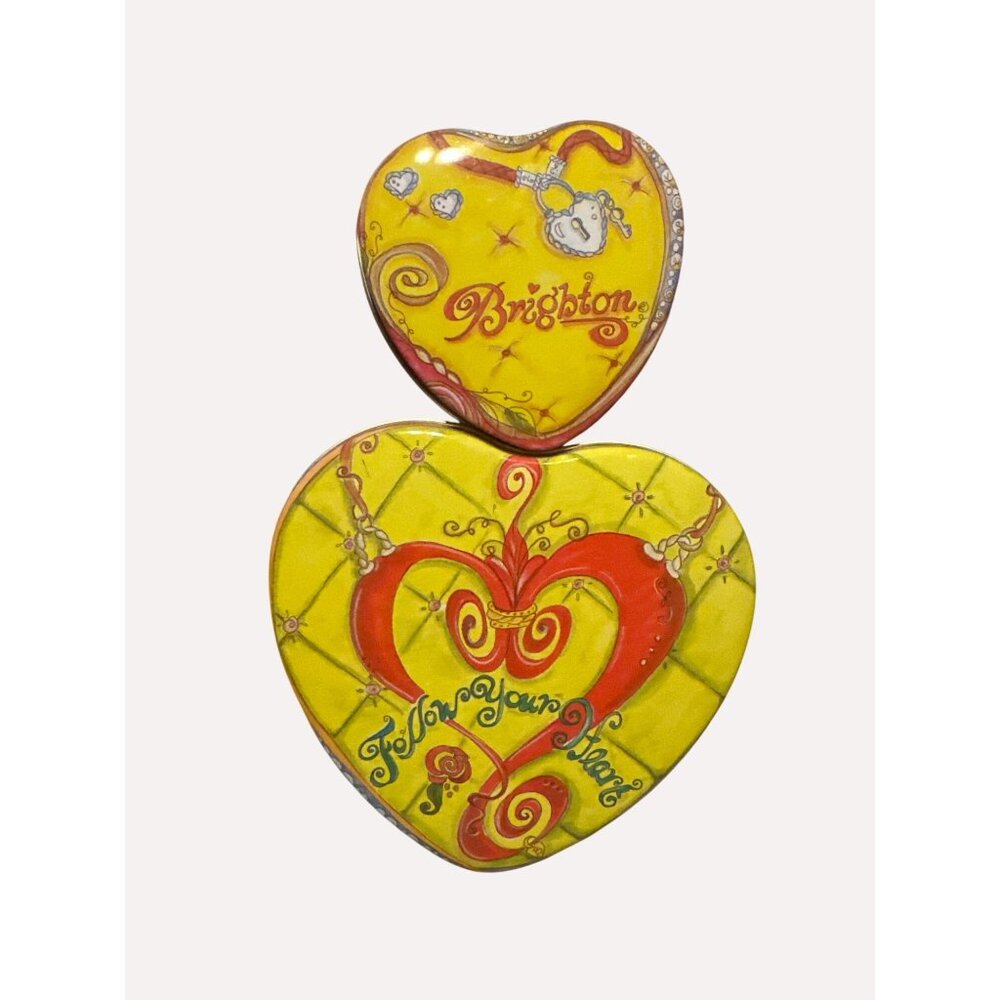 2 Brighton Heart-Shaped 2 Tin Boxes‎  Decorative Designs Yellow & Pink Metal